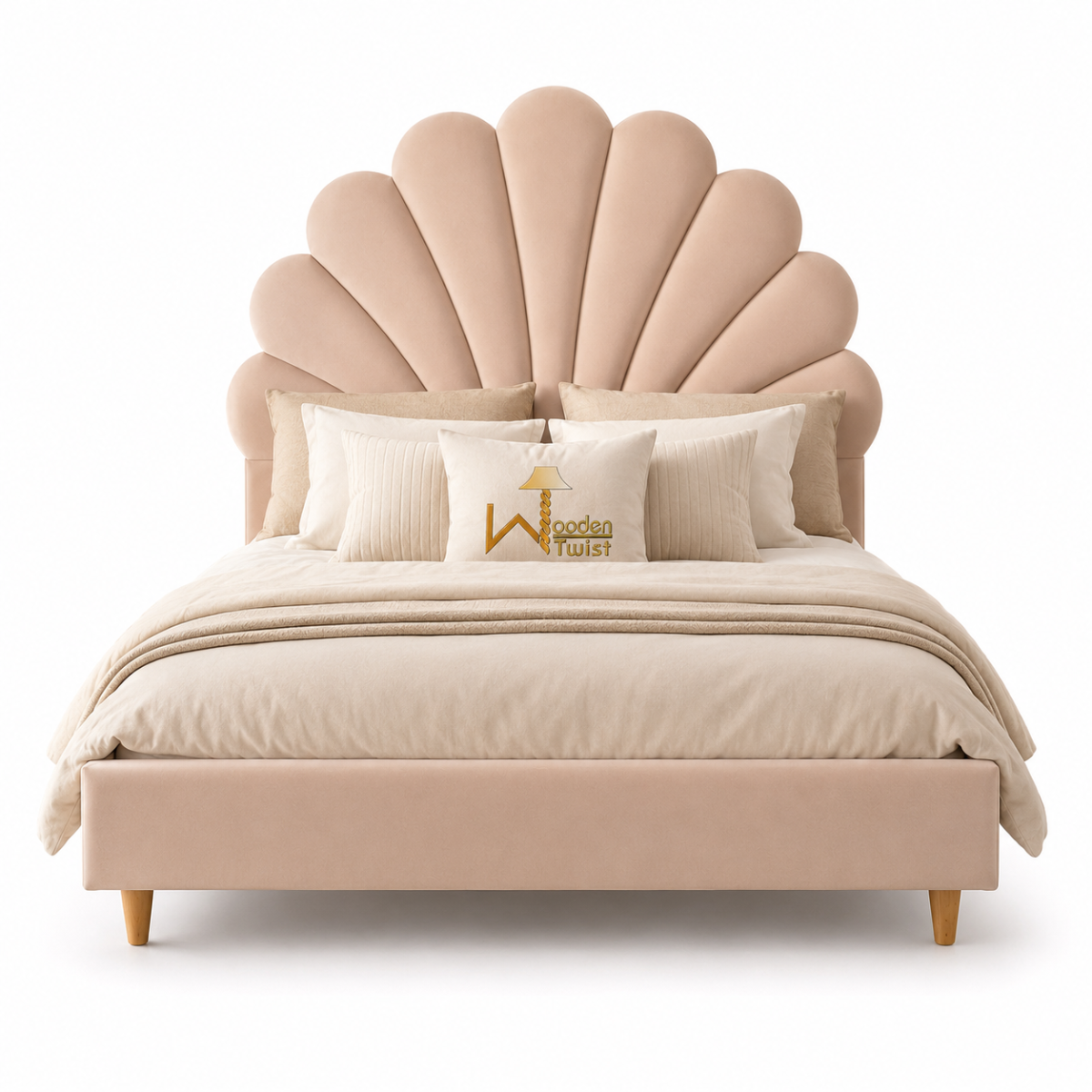 Wooden Twist Dazzling Modern Glam Velvet Bed - Light Pink scalloped shell headboard front view
