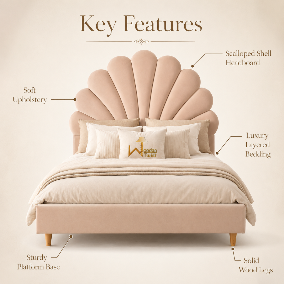 Wooden Twist Dazzling Modern Glam Velvet Bed - Key Features: scalloped shell headboard, soft upholstery, luxury layered bedding, sturdy platform base, solid wood legs