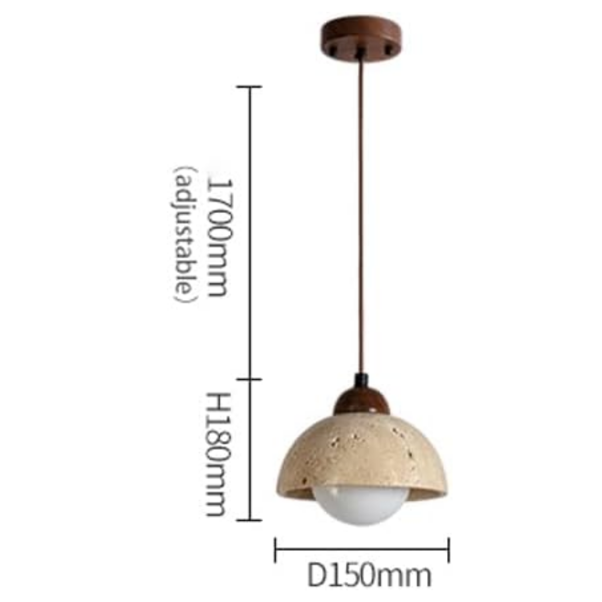 Aurelia Travertine Dome Pendant Light dimensions - shade D150mm x H180mm, cord adjustable up to 1700mm