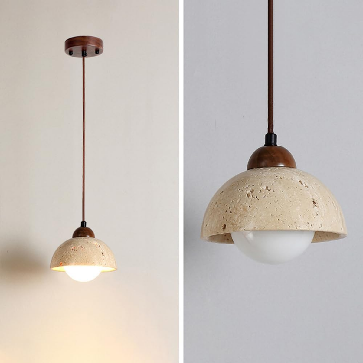 Two Aurelia Travertine Dome Pendant Lights cascading at different heights