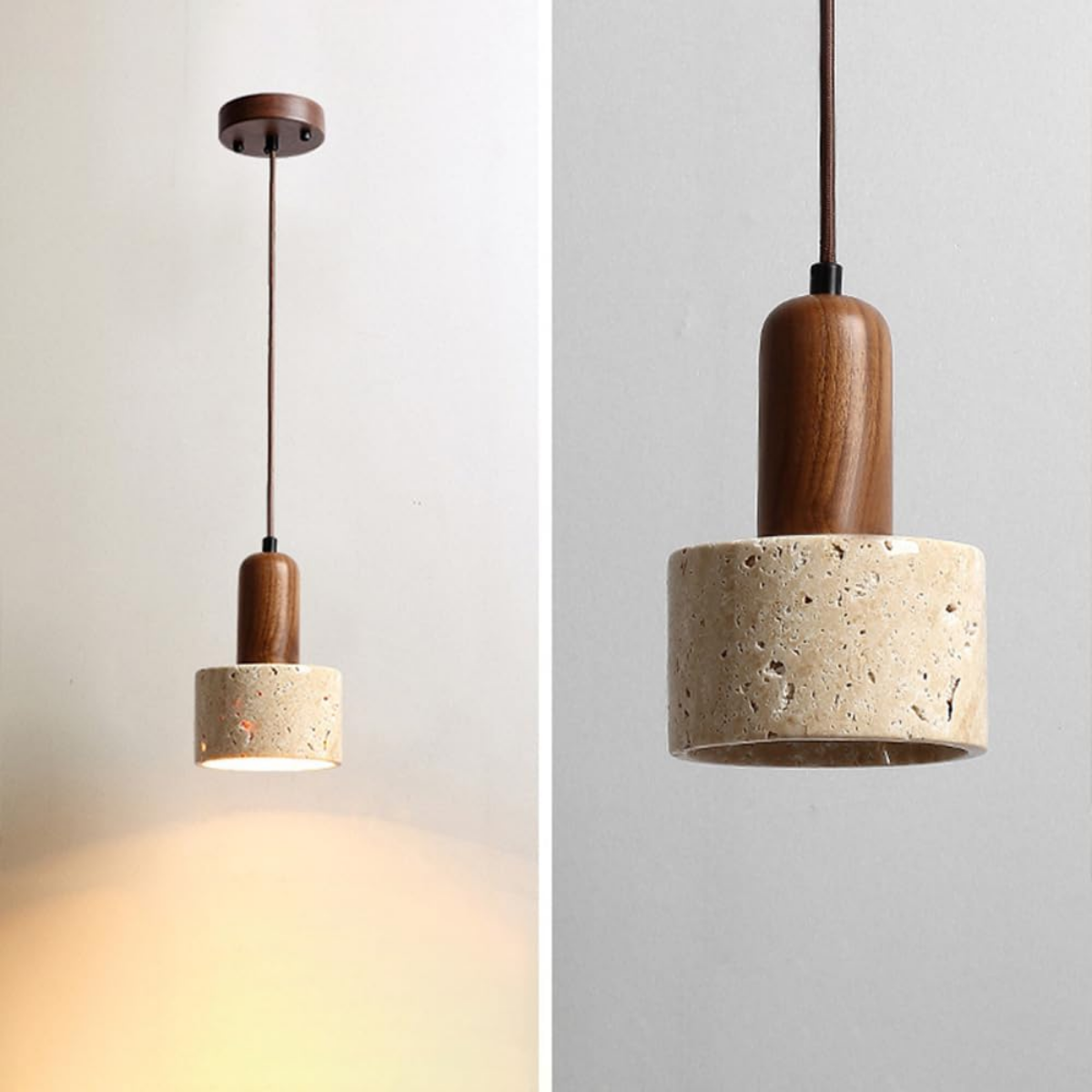 Aurelia Travertine Cylinder Pendant Light front view and close-up showing tall walnut neck and stone cylinder shade