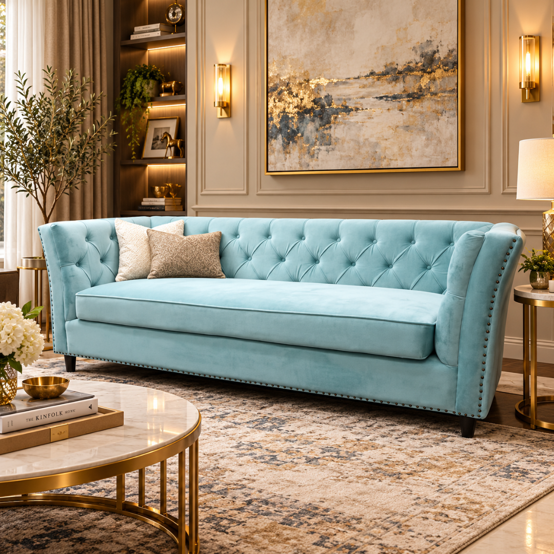 Wooden Twist Diamond Tufted Velvet Chesterfield Style 3 Seater Sofa Sky Blue – Living Room