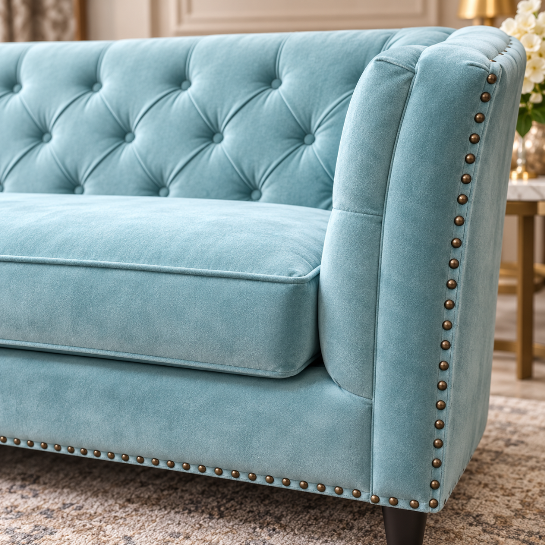 Wooden Twist Diamond Tufted Velvet Chesterfield Style 3 Seater Sofa Sky Blue – Tufting & Nailhead Close-Up