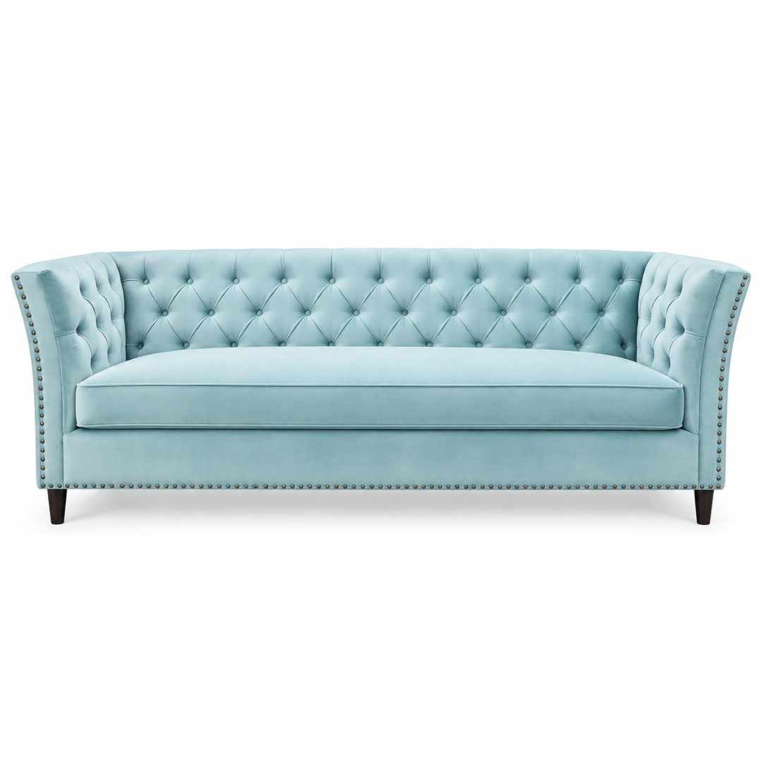 Wooden Twist Diamond Tufted Velvet Chesterfield Style 3 Seater Sofa Sky Blue – Front View