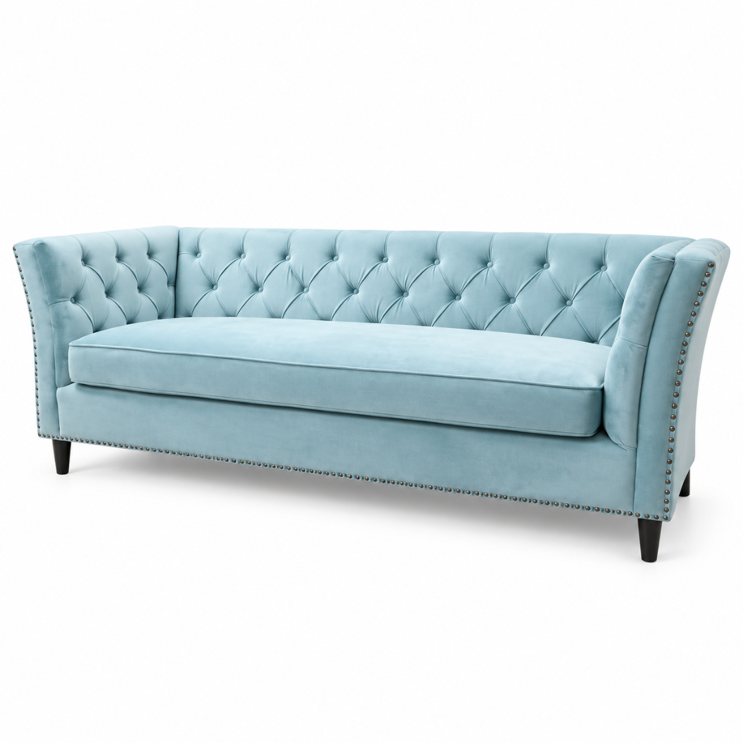 Wooden Twist Diamond Tufted Velvet Chesterfield Style 3 Seater Sofa Sky Blue – Side Angle View