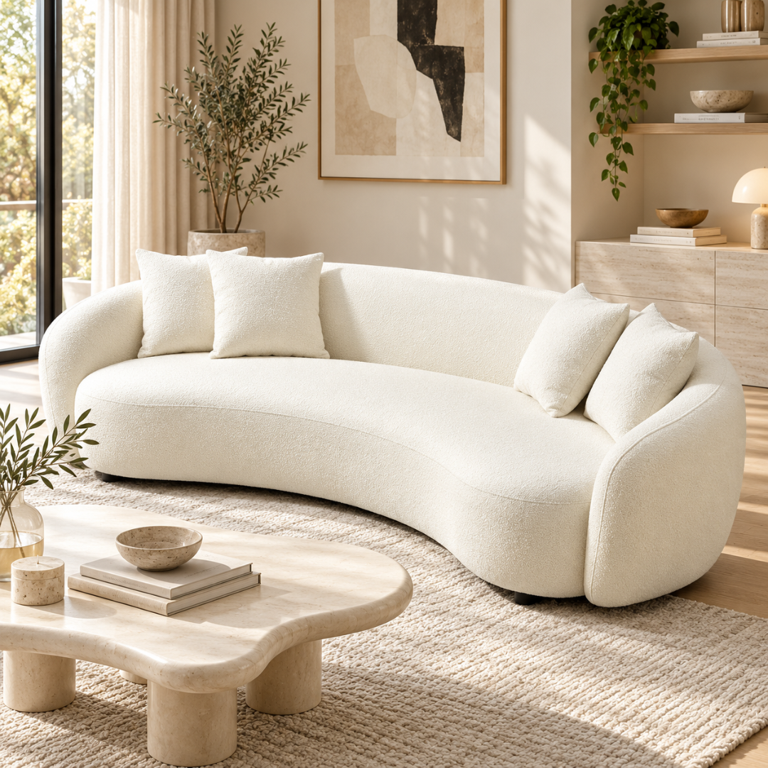 Wooden Twist Half Moon Curved Boucle 3 Seater Sofa White – Living Room