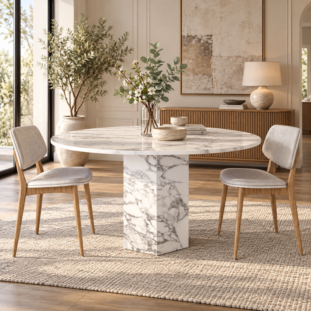 Wooden Twist Solenne Round White Marble Dining Table Set with 2 Chairs – Styled Dining Room
