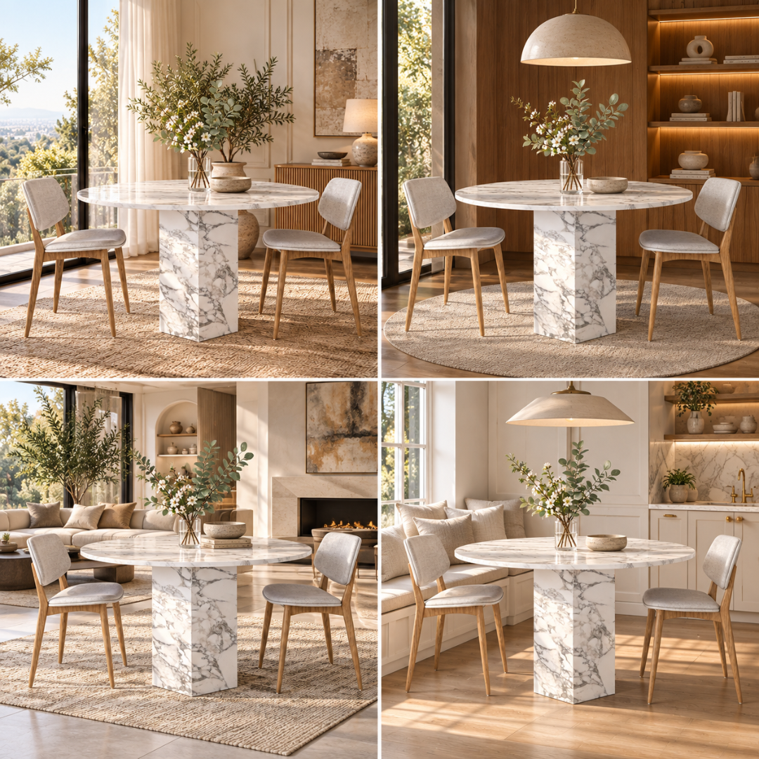 Wooden Twist Solenne Round White Marble Dining Table Set with 2 Chairs – Room Setting Collage