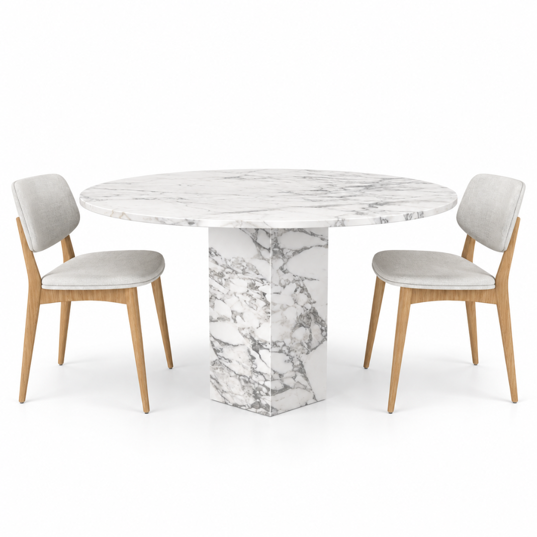 Wooden Twist Solenne Round White Marble Dining Table Set with 2 Chairs – Front View