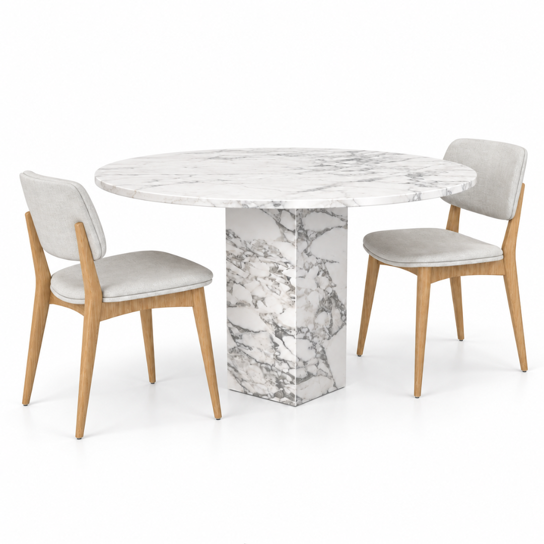 Wooden Twist Solenne Round White Marble Dining Table Set with 2 Chairs – Angle View
