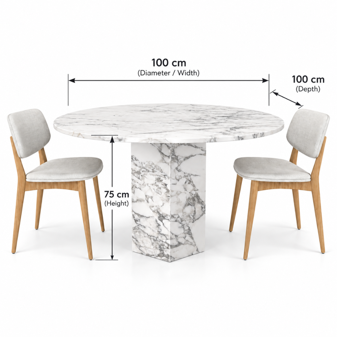 Wooden Twist Solenne Round White Marble Dining Table Set with 2 Chairs – Dimensions 100 cm Diameter x 75 cm Height