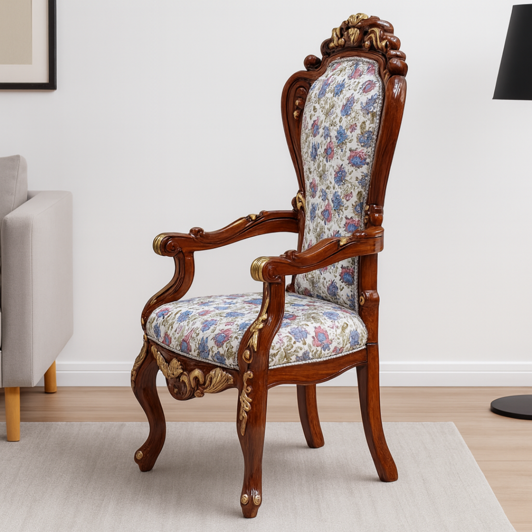 Decorative chair with floral pattern and wooden frame in a room setting