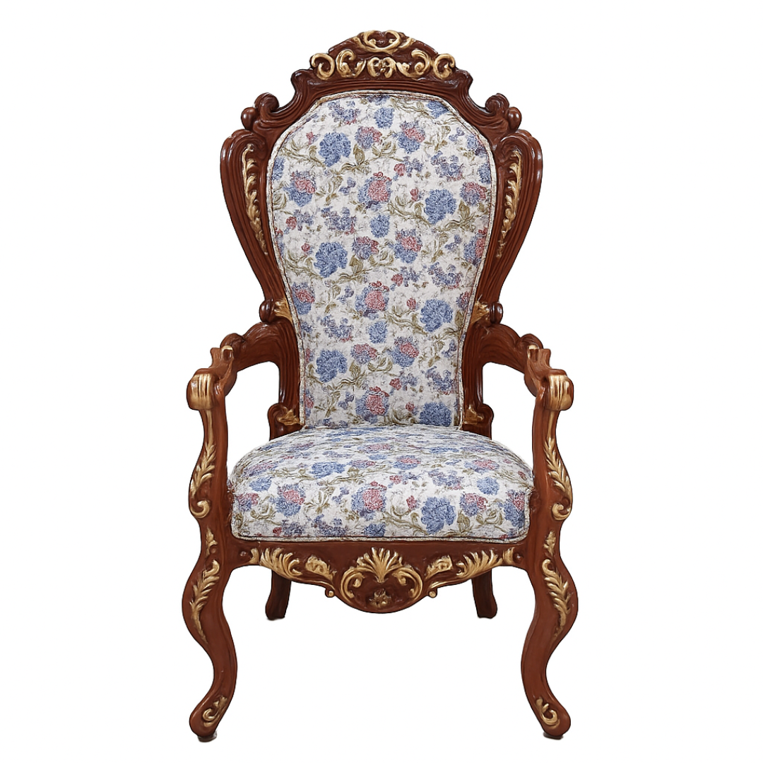 Decorative chair with floral patterned fabric on a white background