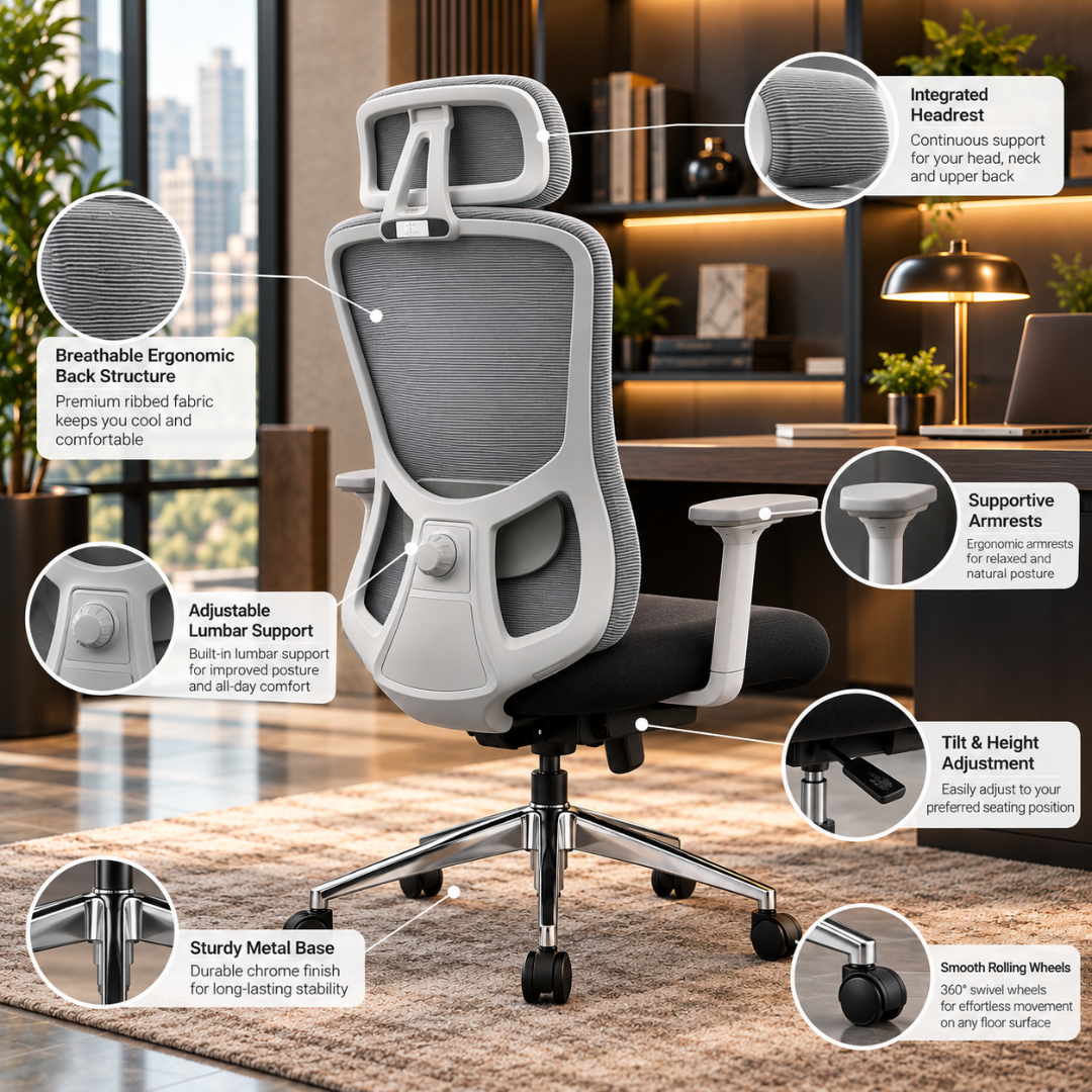 Wooden Twist Ergonomic High Back Mesh Office Chair Grey & Black – features: integrated headrest, breathable back, adjustable lumbar, tilt and height adjustment, chrome base