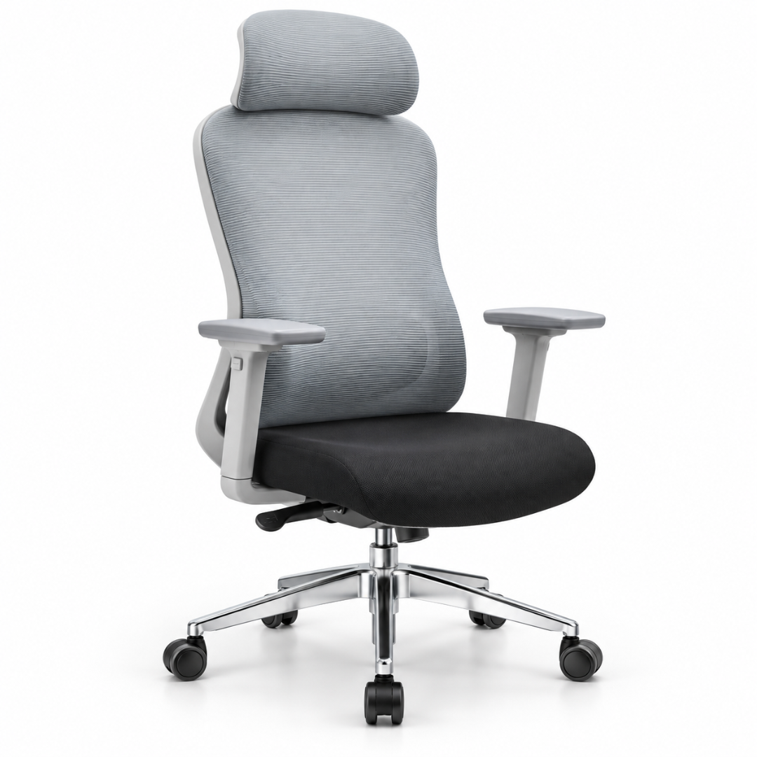 Wooden Twist Ergonomic High Back Mesh Office Chair Grey & Black – angled studio view with chrome 5-star base