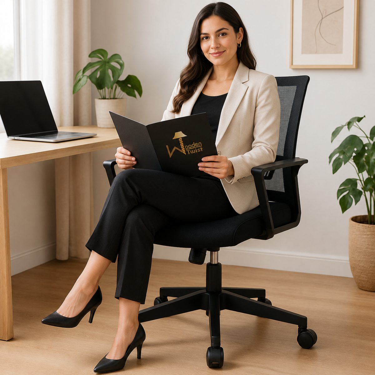 Wooden Twist Ergonomic Black Mesh Office Chair with Lumbar Support & 360° Swivel Casters