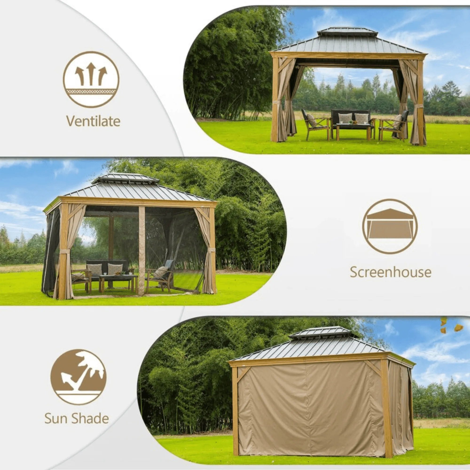 Wooden Twist Extend Waxed Garden Gazebo with Waterproof Curtain and Mosquito Net ( Grey ) - Wooden Twist UAE