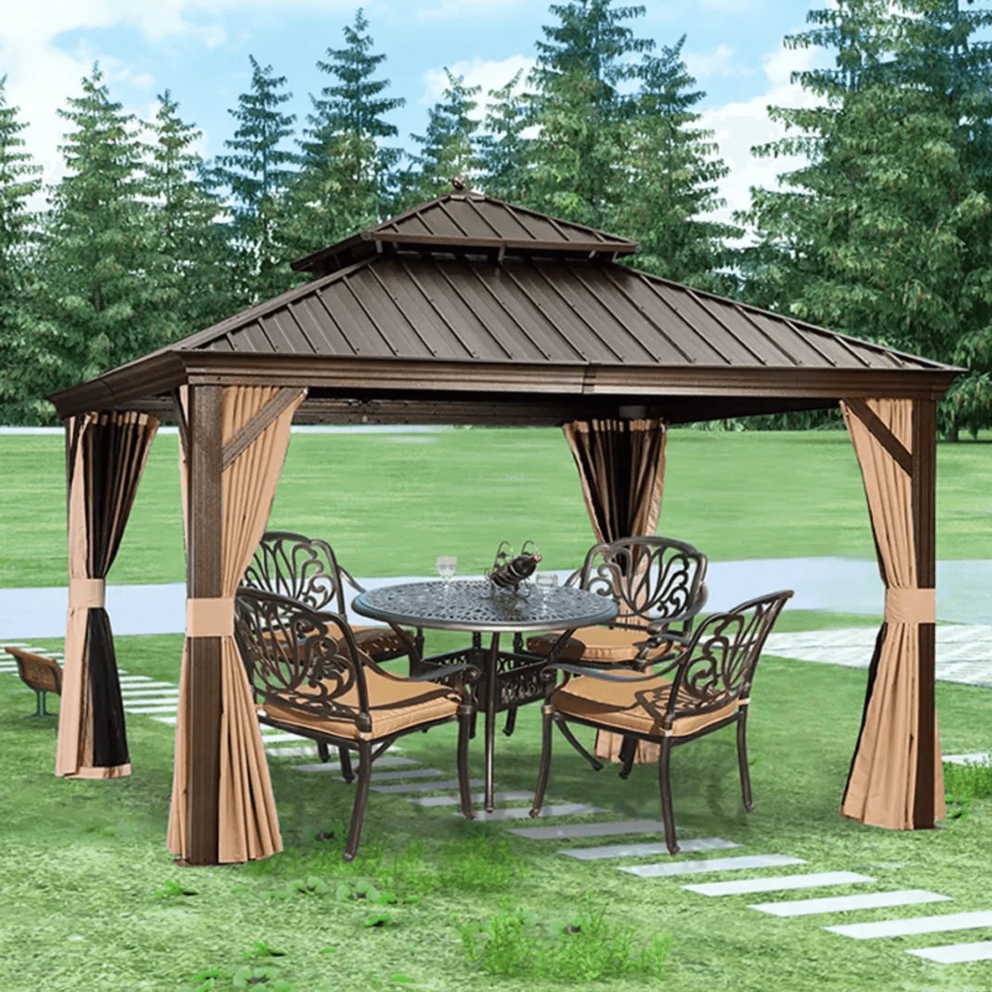 Wooden Twist Extend Waxed Garden Gazebo with Waterproof Curtain and Mosquito Net ( Grey ) - Wooden Twist UAE