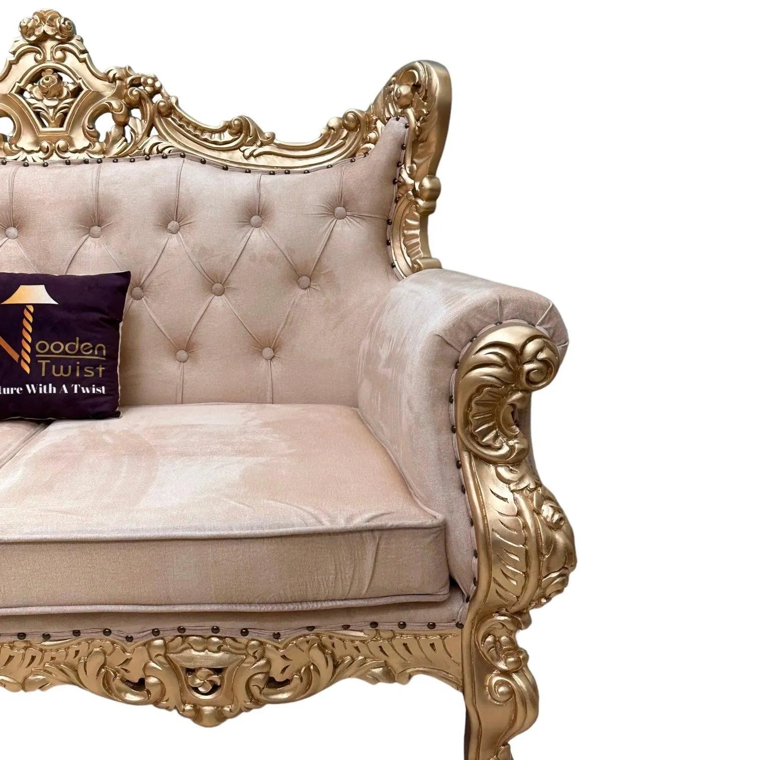 Wooden Boutique French Baroque Style Golden Leaf Hand Carved Sofa (2 Seater) - Wooden Twist UAE