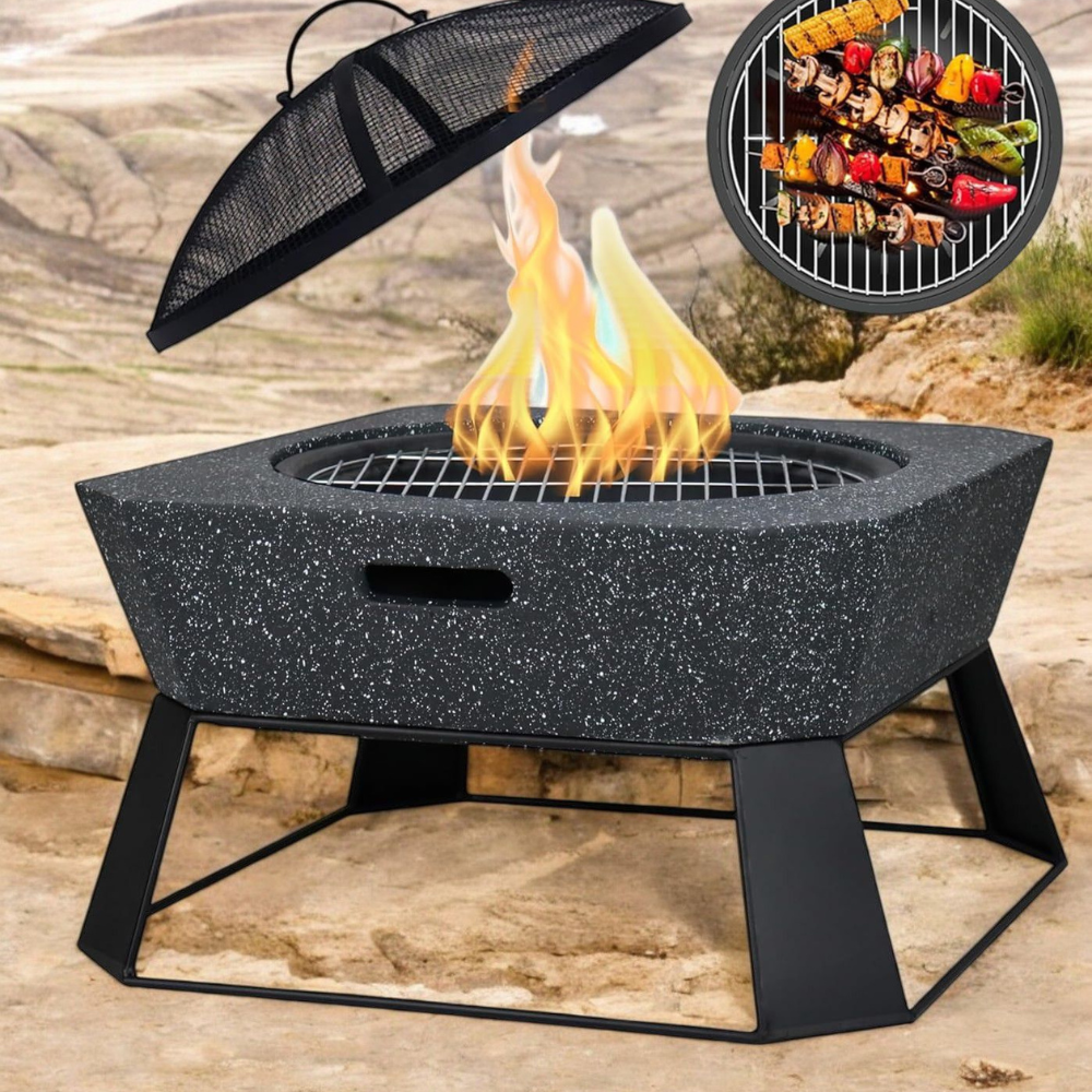 Wooden Twist Fire Poker Square Outdoor Firepit MGO with BBQ Grill, Durable Charcoal or Wood-Burning for Backyard, Patio & Garden