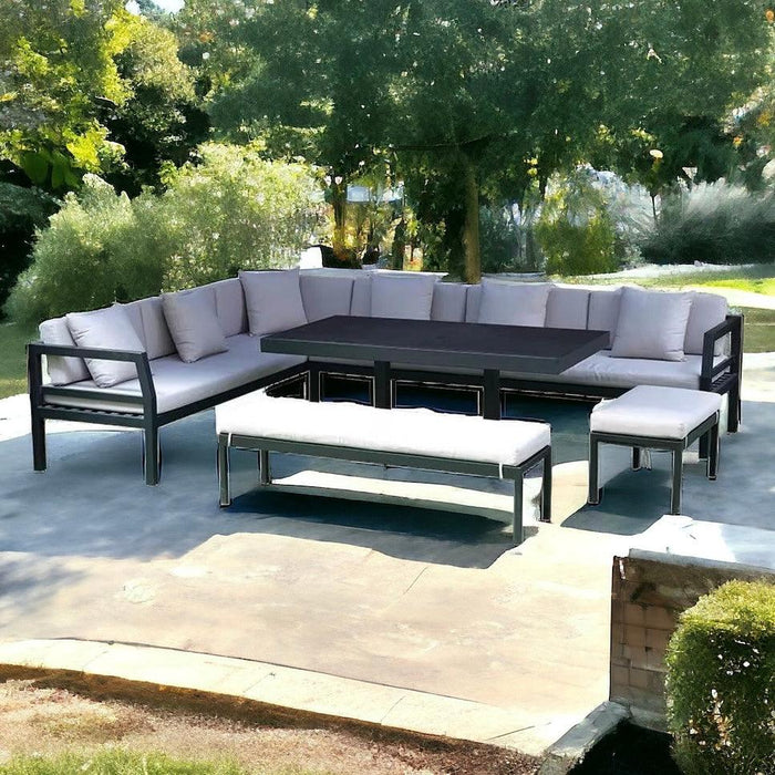 Wooden Twist Verbose Aluminum Cushioned L-Shaped 3+3+2 with 1 Table & Footrest Sofa Set - Elegant Outdoor Furniture for Patio and Garden - Wooden Twist UAE