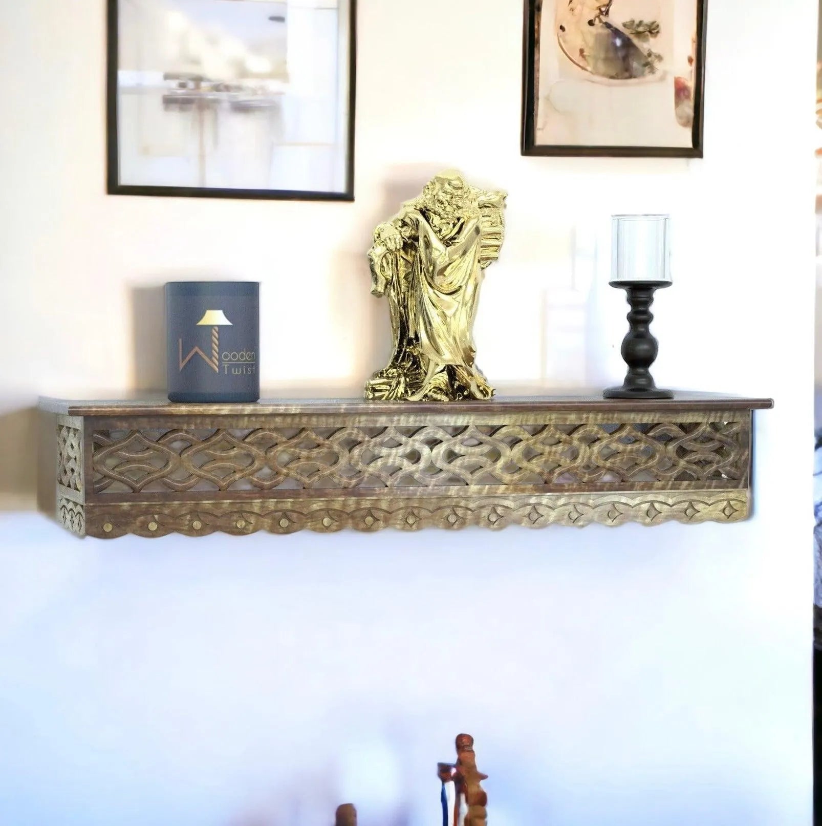 Wooden Fancy Hand Carved Wall Shelf with Jali Work - Decorative Indian Wall Art - Wooden Twist UAE