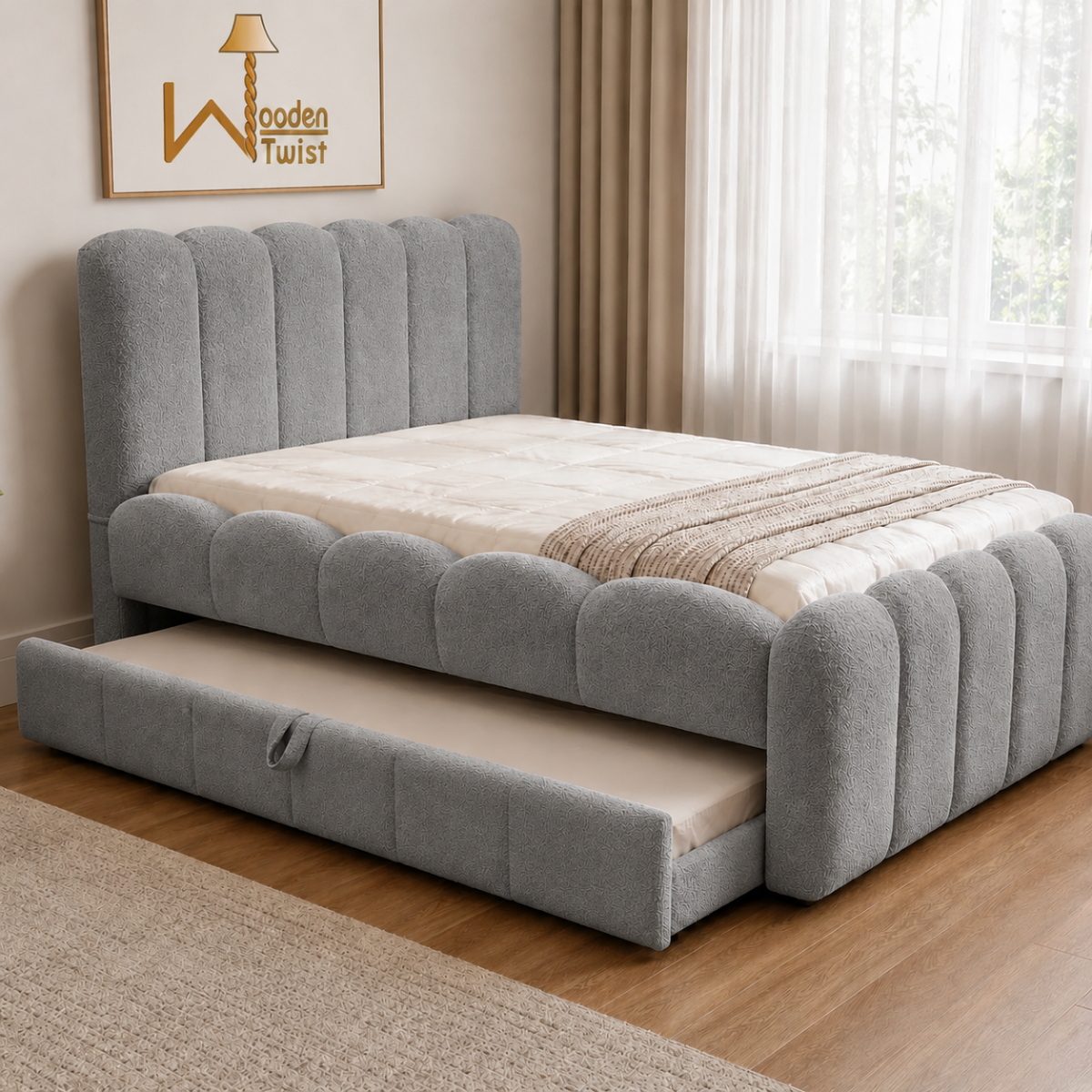 Wooden Twist Boucle Kids Bed with Side Pull-Out Trundle & Scalloped Channel-Tufted Headboard