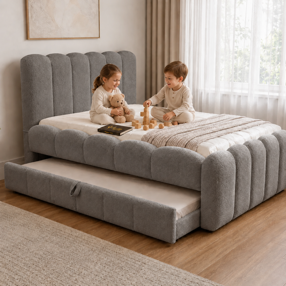 Wooden Twist Boucle Kids Bed with Side Pull-Out Trundle & Scalloped Channel-Tufted Headboard