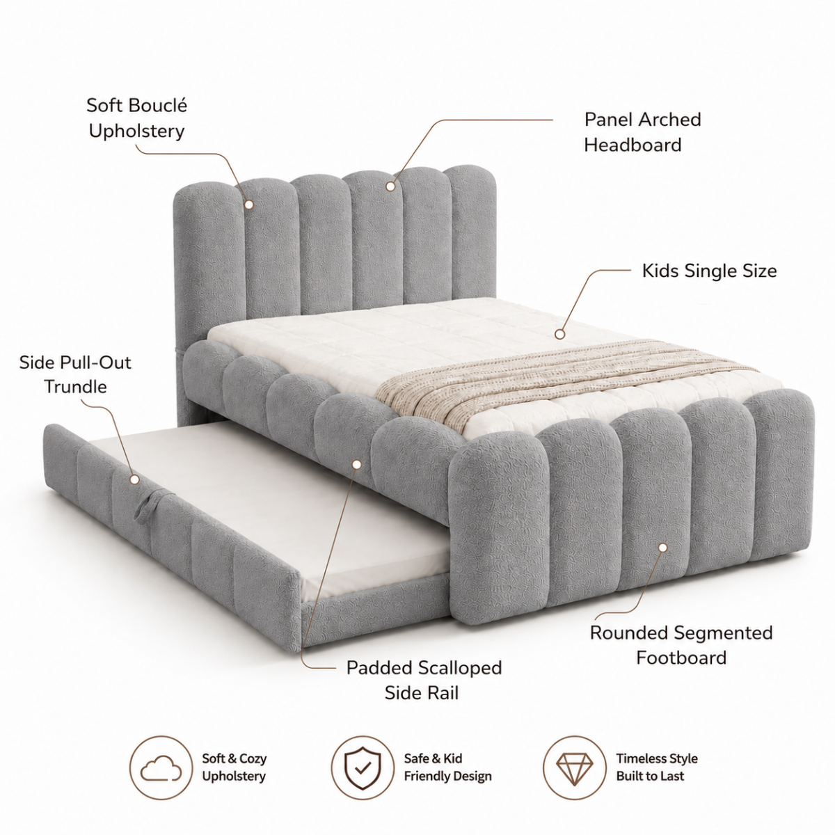 Wooden Twist Boucle Kids Bed with Side Pull-Out Trundle & Scalloped Channel-Tufted Headboard