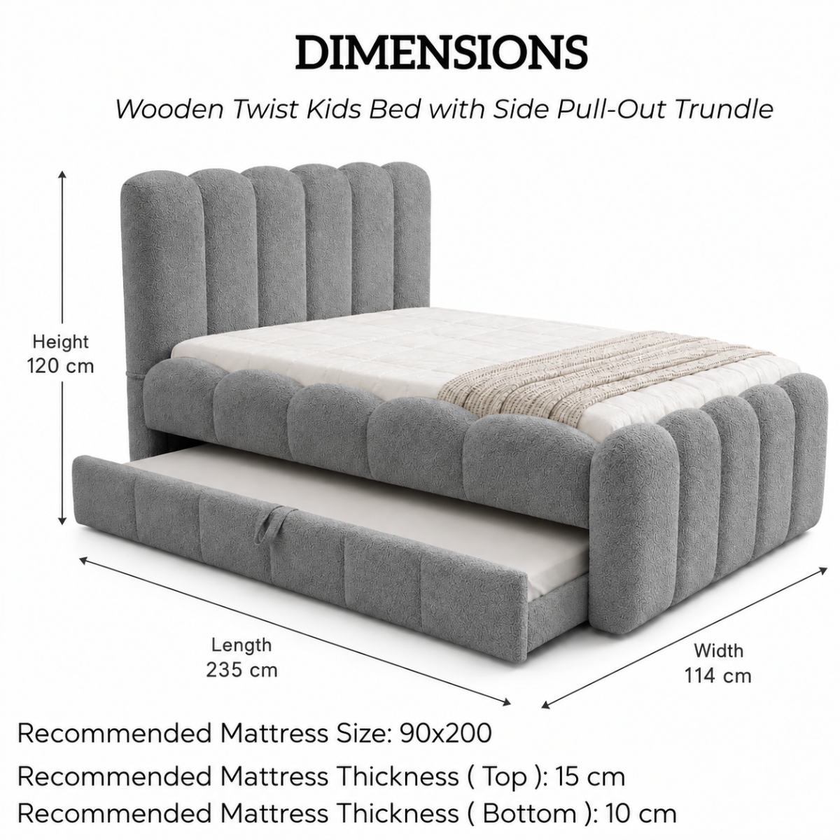 Wooden Twist Boucle Kids Bed with Side Pull-Out Trundle & Scalloped Channel-Tufted Headboard