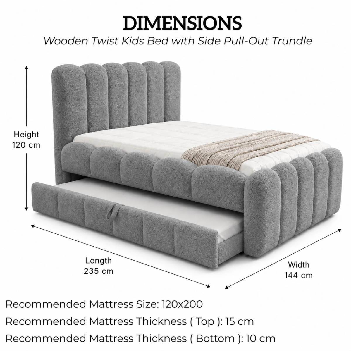 Wooden Twist Boucle Kids Bed with Side Pull-Out Trundle & Scalloped Channel-Tufted Headboard