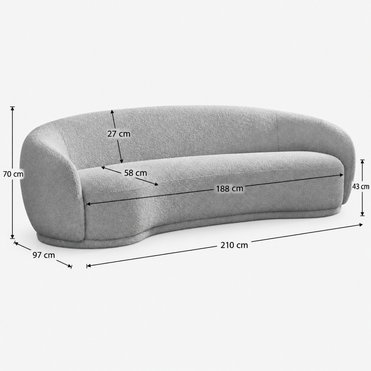 Snug Rounded Back Rich Grey Modern Boucle Sofa