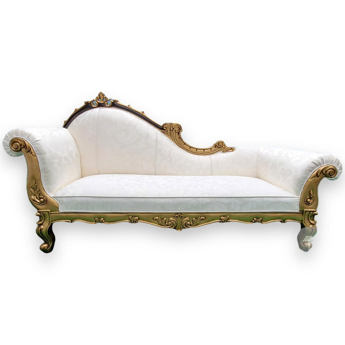 Wooden Twist Traditional Teak Wood Hand Carved Deewan Chaise Lounge Golden Finish Couch for Elegant Home Décor