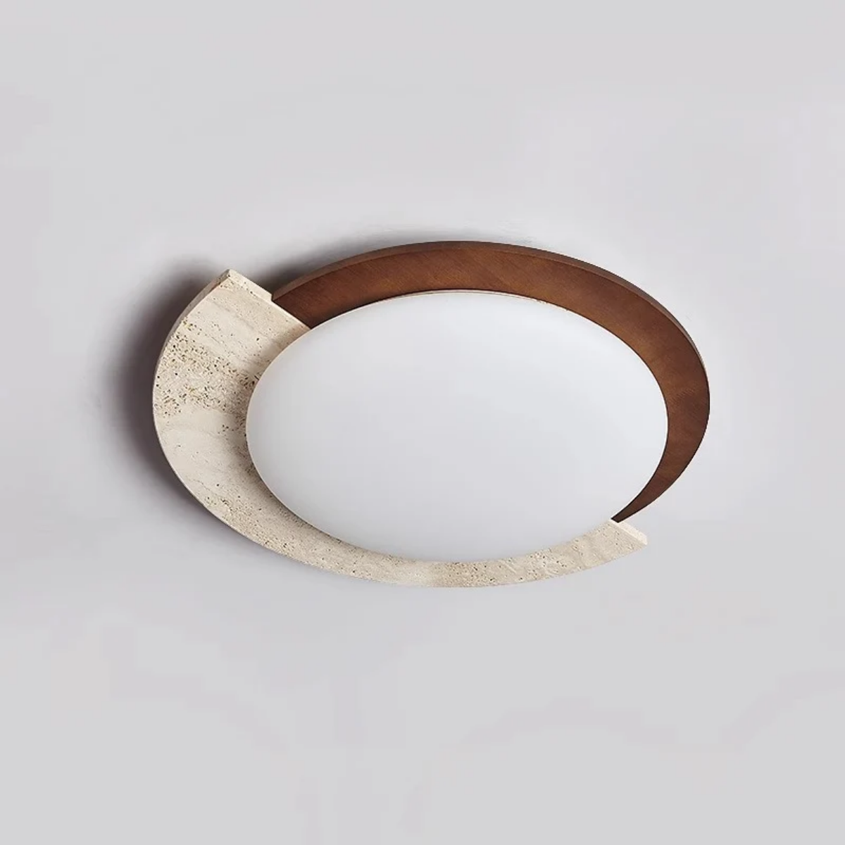 Heritage Glow Travertine LED Ceiling Light angled product view showing layered travertine and walnut rings