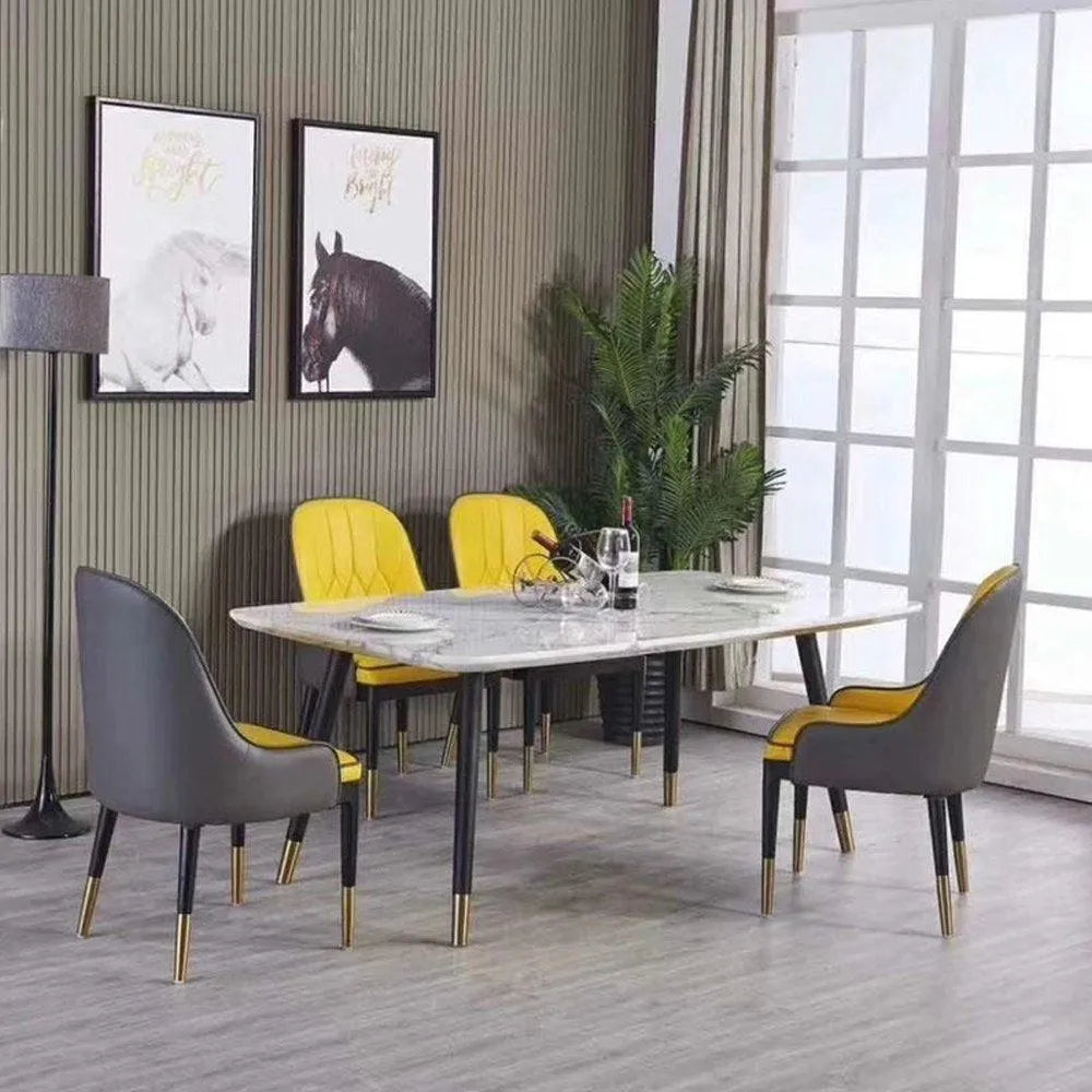 Wooden Twist Villoso Modern Rectangular Marble Top 6 Seater Dining Table Set with Black Iron Legs and Gold Corner ( Yellow ) - Wooden Twist UAE