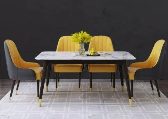 Wooden Twist Villoso Modern Rectangular Marble Top 6 Seater Dining Table Set with Black Iron Legs and Gold Corner ( Yellow ) - Wooden Twist UAE