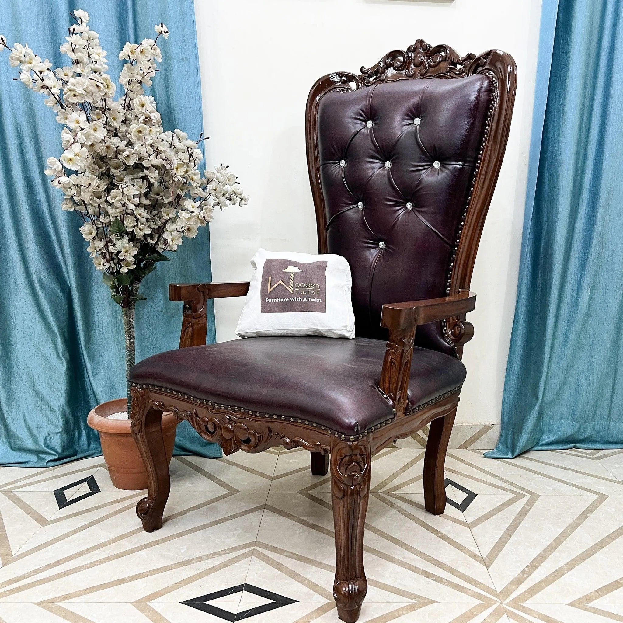 Wooden Twist Luxurious Hand Carved Teak Wood High Back Throne Chair - Wooden Twist UAE