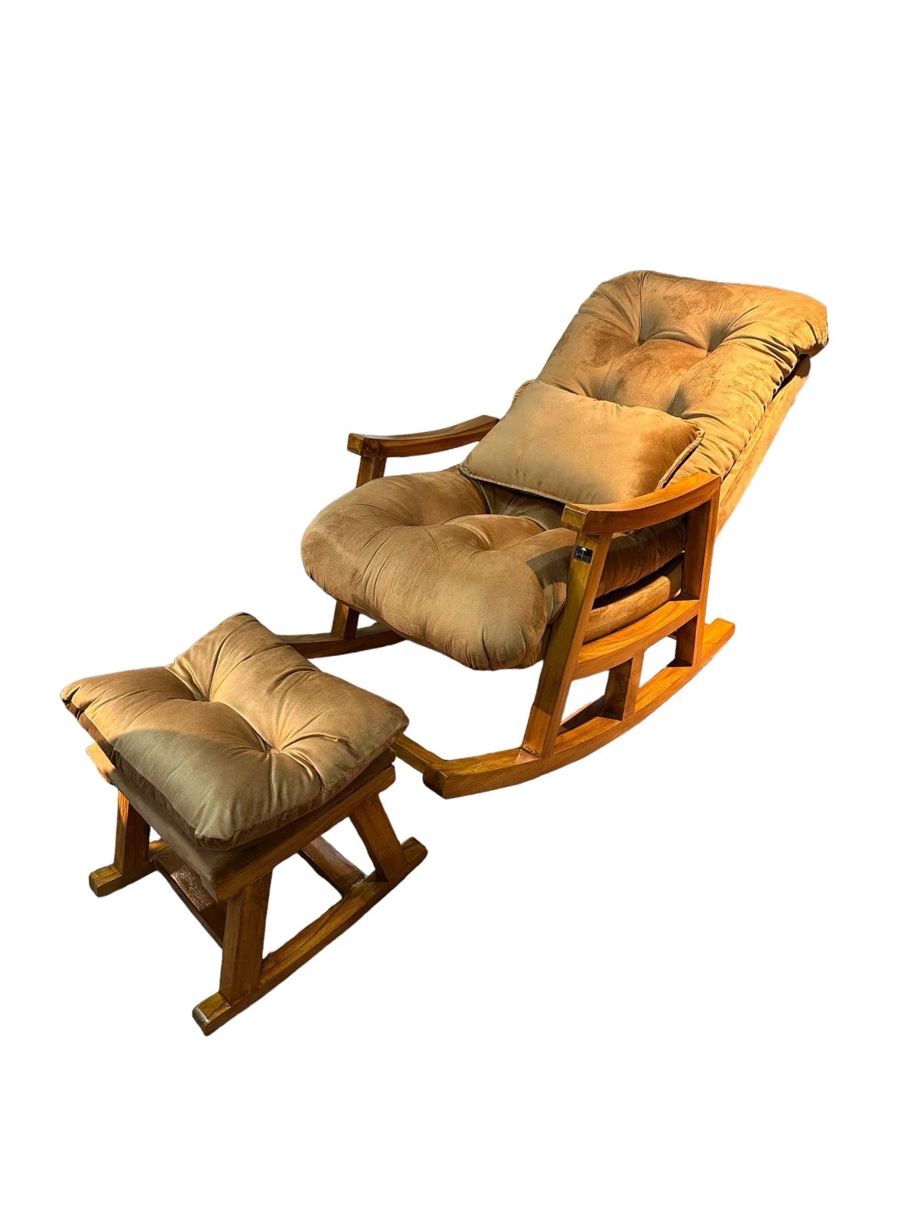 Wooden Rocking Chair Colonial and Traditional Super Comfortable Cushion And With Footrest (Natural Polish) - Wooden Twist UAE