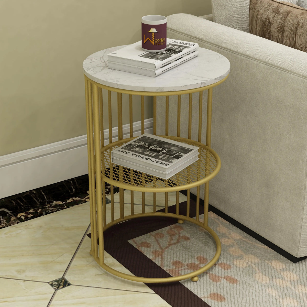 Wooden Twist Abstract Style Wrought Iron 1-Tier Round End Table ( Golden ) - Wooden Twist UAE