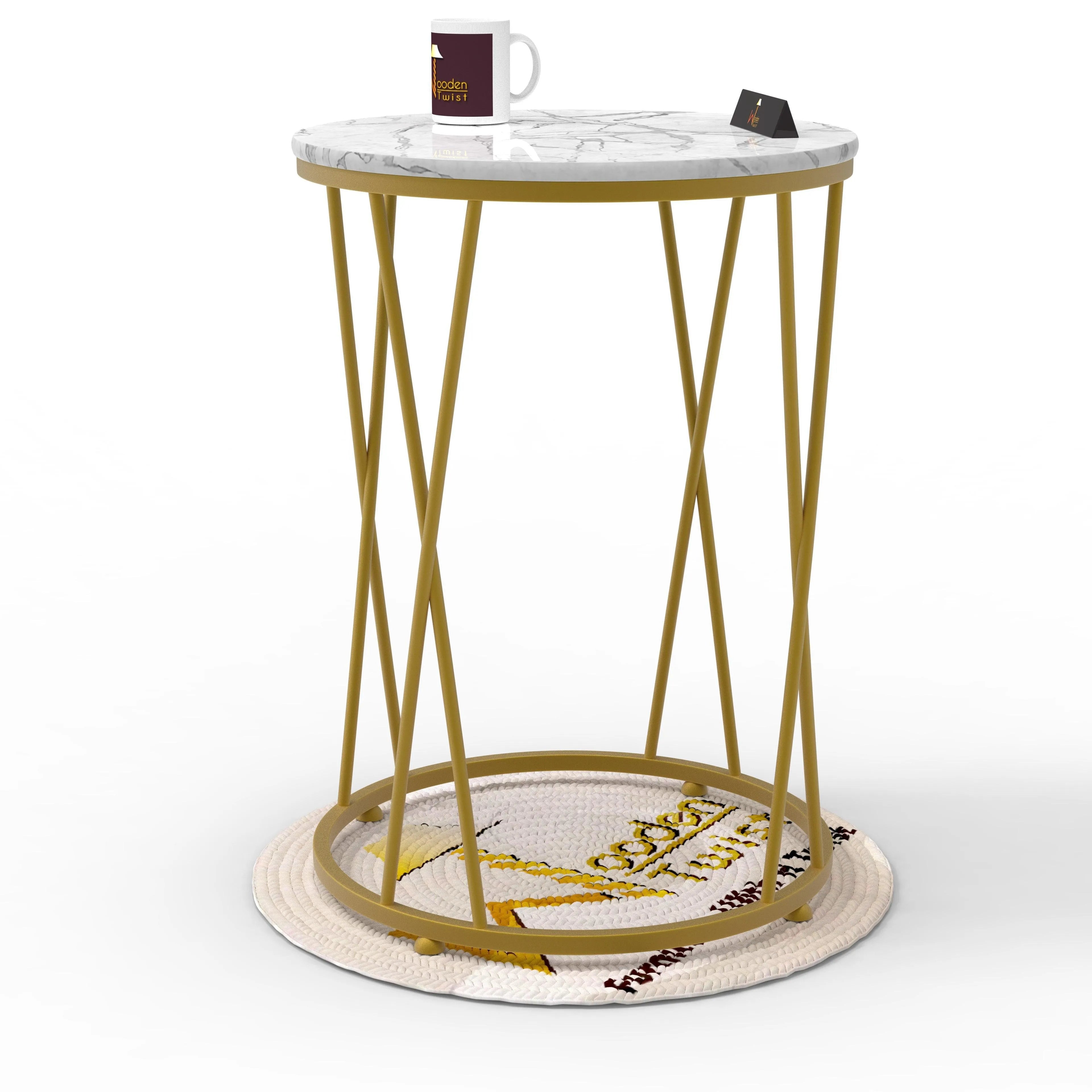 Wooden Twist Round Wrought Iron End Table Stylish Golden Accent for Modern Living Room Decor - Wooden Twist UAE