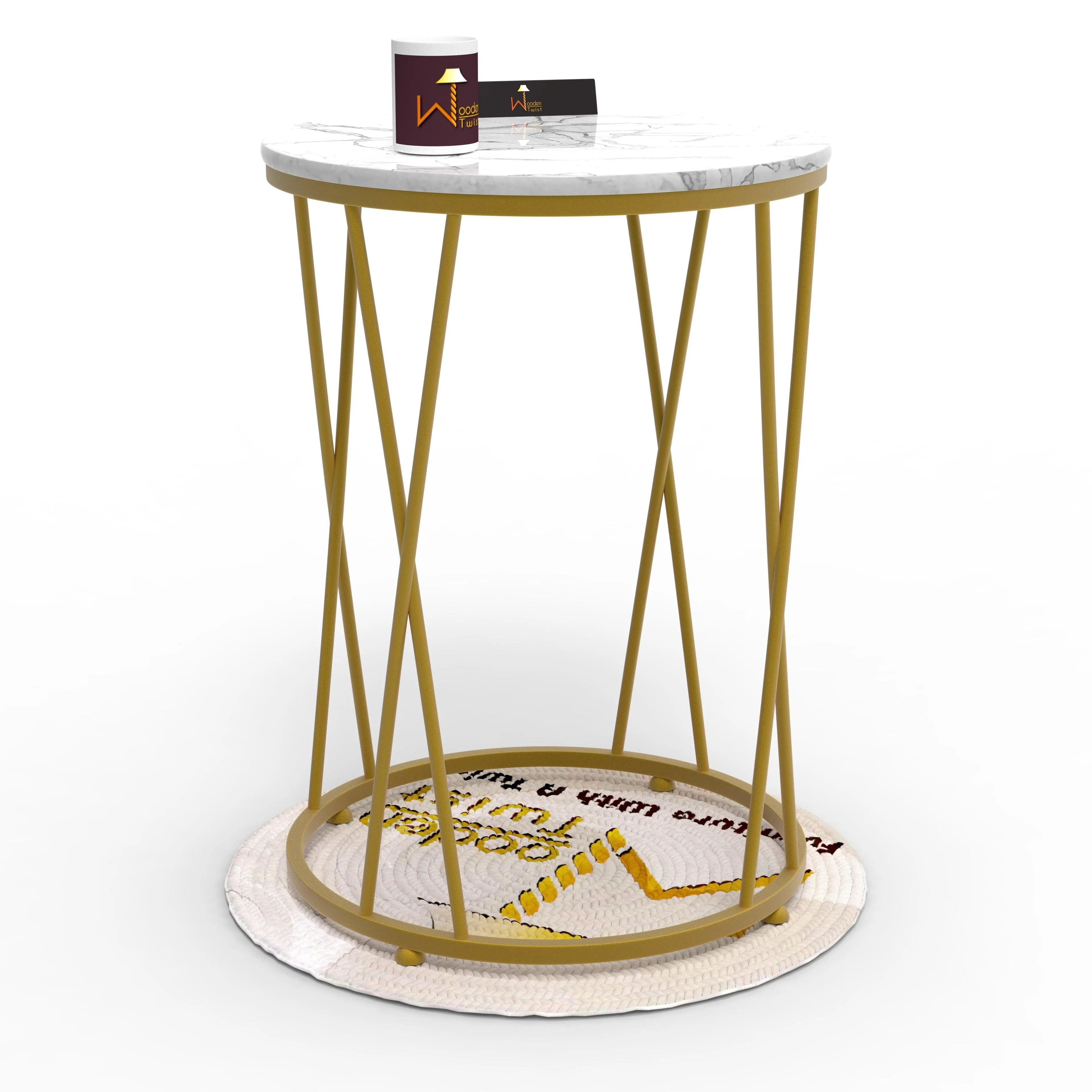 Wooden Twist Round Wrought Iron End Table Stylish Golden Accent for Modern Living Room Decor - Wooden Twist UAE