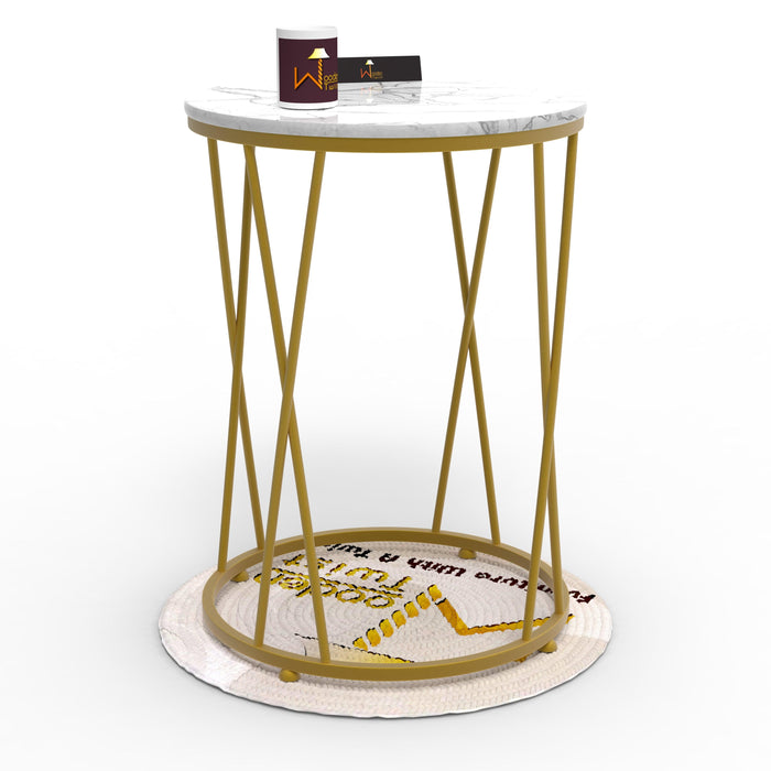 Wooden Twist Stylish Look Round Wrought Iron End Table ( Golden )