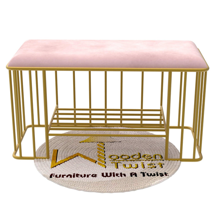 Wooden Twist Cage Style Rectangular Wrought Iron Shoe Rack Bench