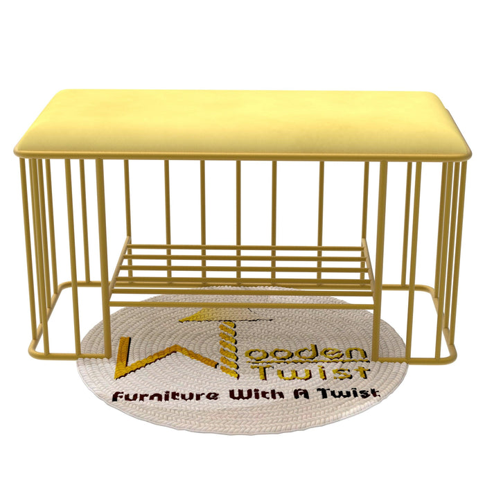 Wooden Twist Cage Style Rectangular Wrought Iron Shoe Rack Bench