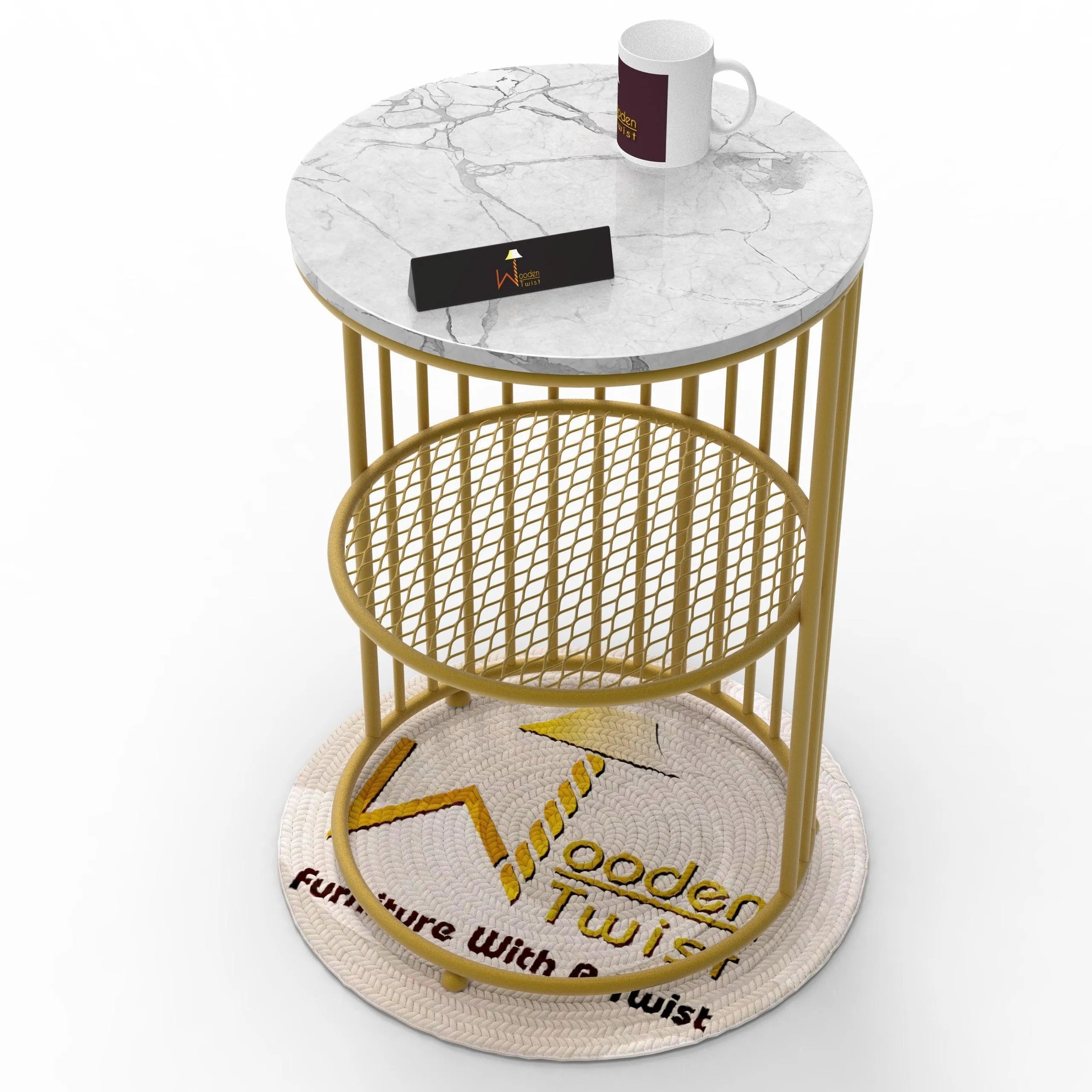 Wooden Twist Abstract Style Wrought Iron 1-Tier Round End Table ( Golden ) - Wooden Twist UAE