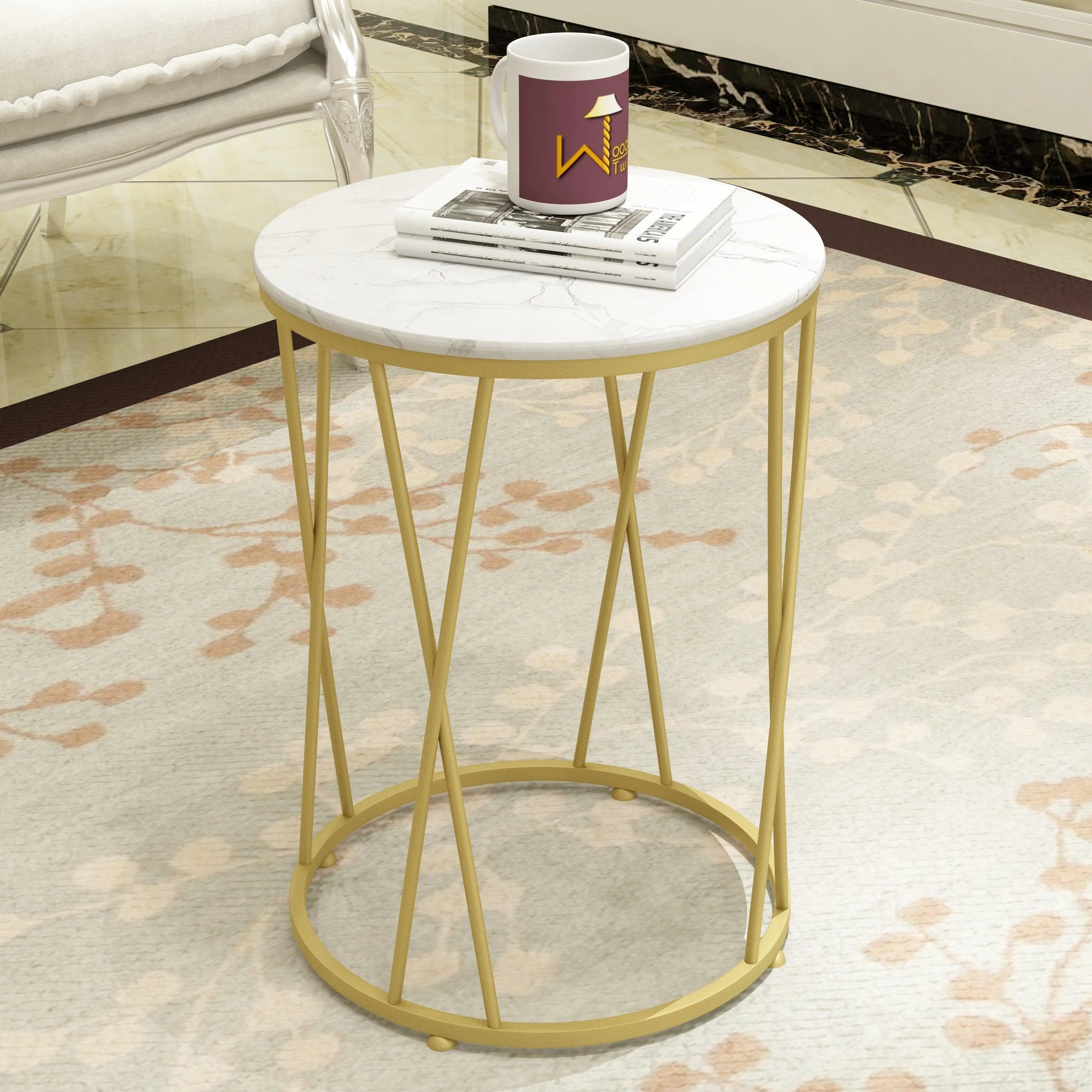 Wooden Twist Round Wrought Iron End Table Stylish Golden Accent for Modern Living Room Decor - Wooden Twist UAE