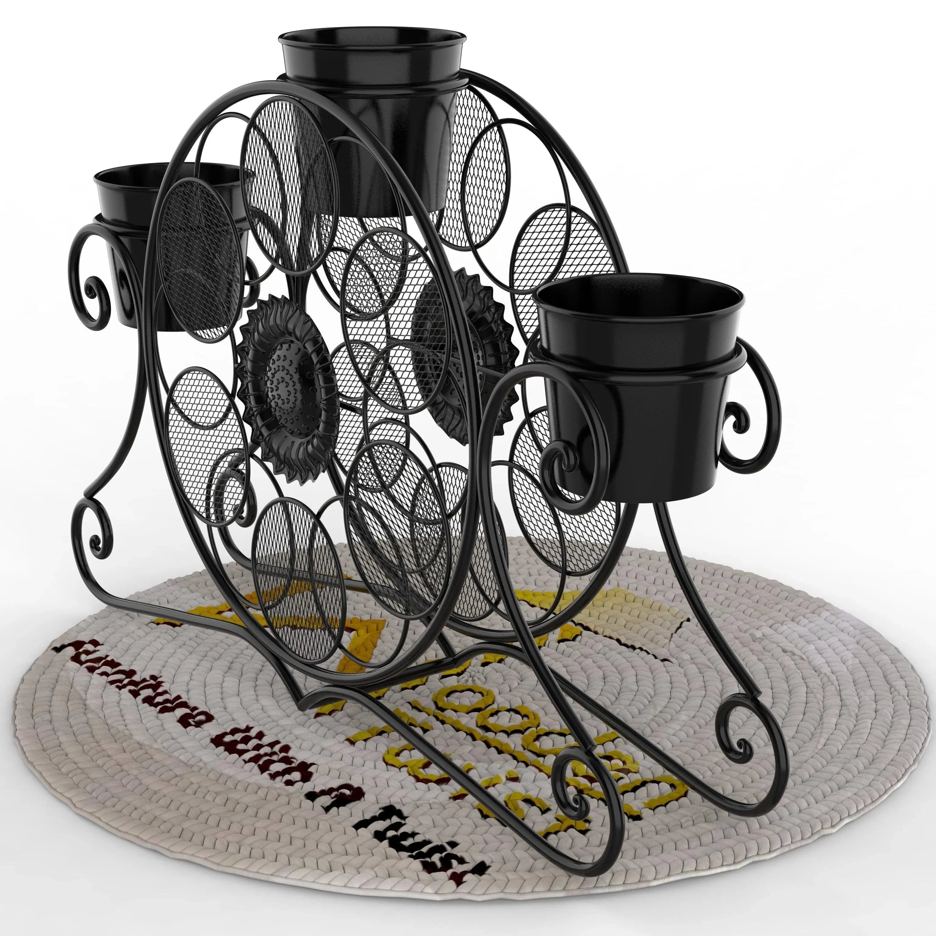 Wooden Twist Stylish loto Wrought Iron Floor Planter Stand with 3 Pots ( Black ) - Wooden Twist UAE