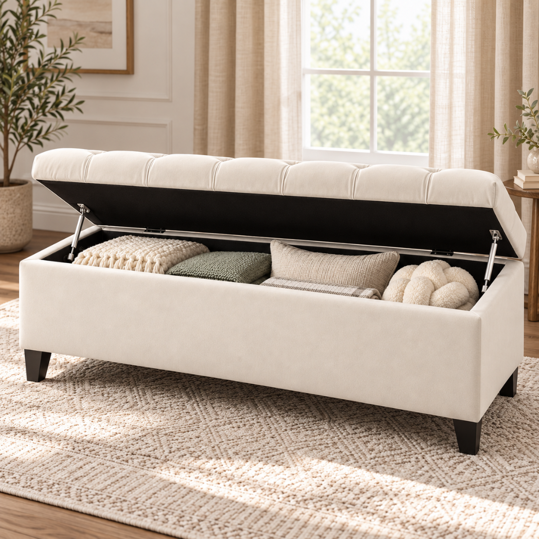 Wooden Twist Zelja ivory velvet storage bench – flip top open showing storage