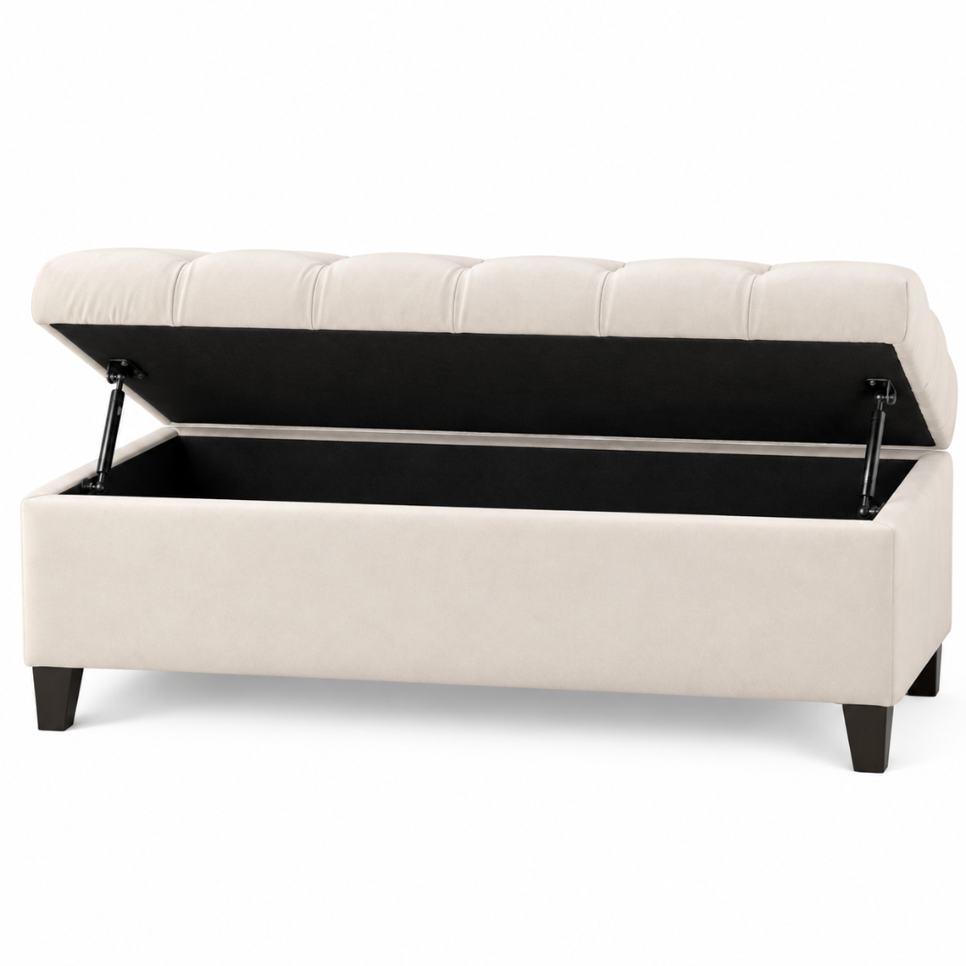 Wooden Twist Zelja ivory velvet storage bench – flip top open on white background