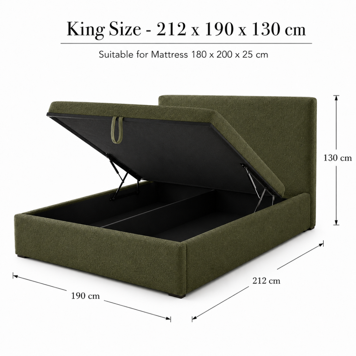 Wooden Twist Marlo Olive Green Boucle Upholstered Hydraulic Storage Bed with Lift-Up Storage